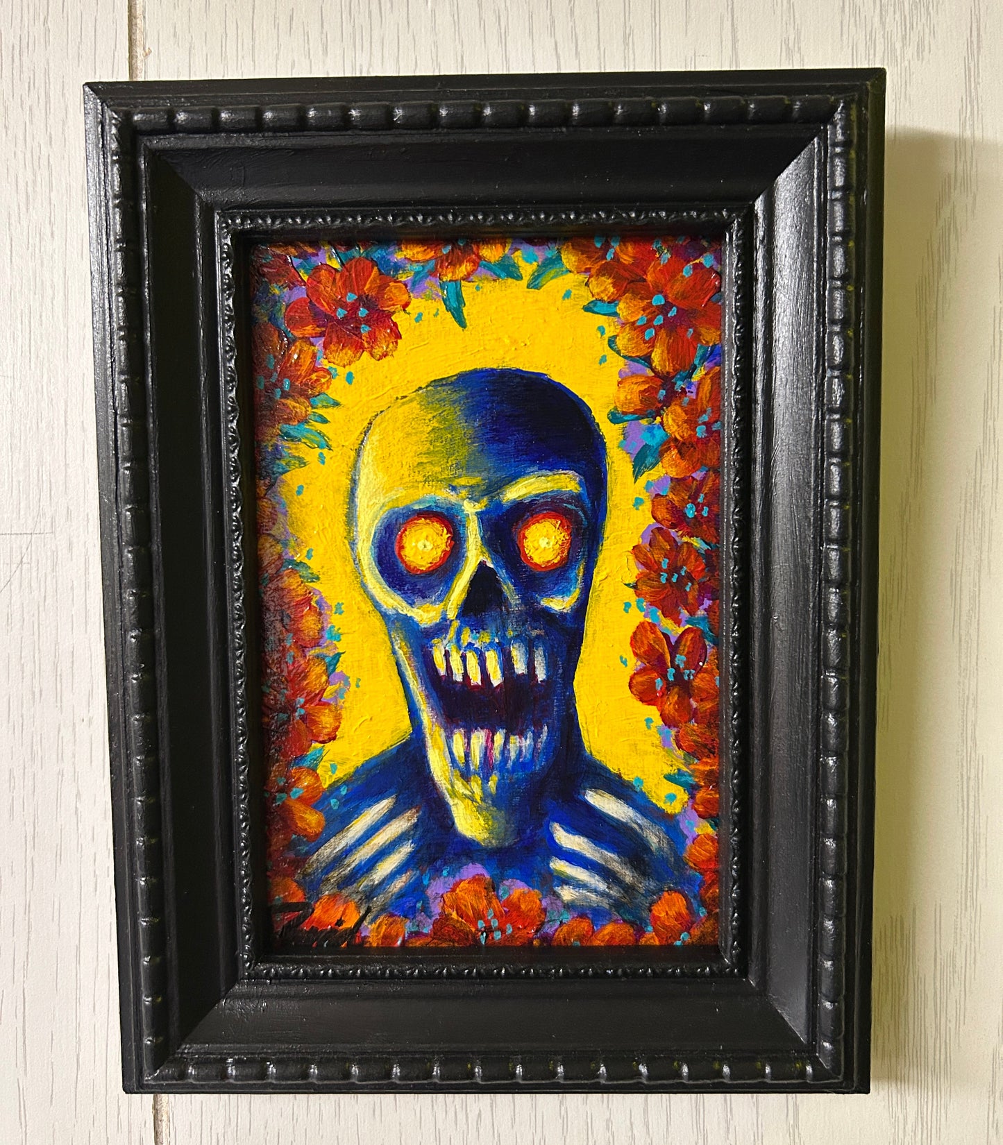 Peinture originale par David Therrien "Le squelette aux fleurs"
