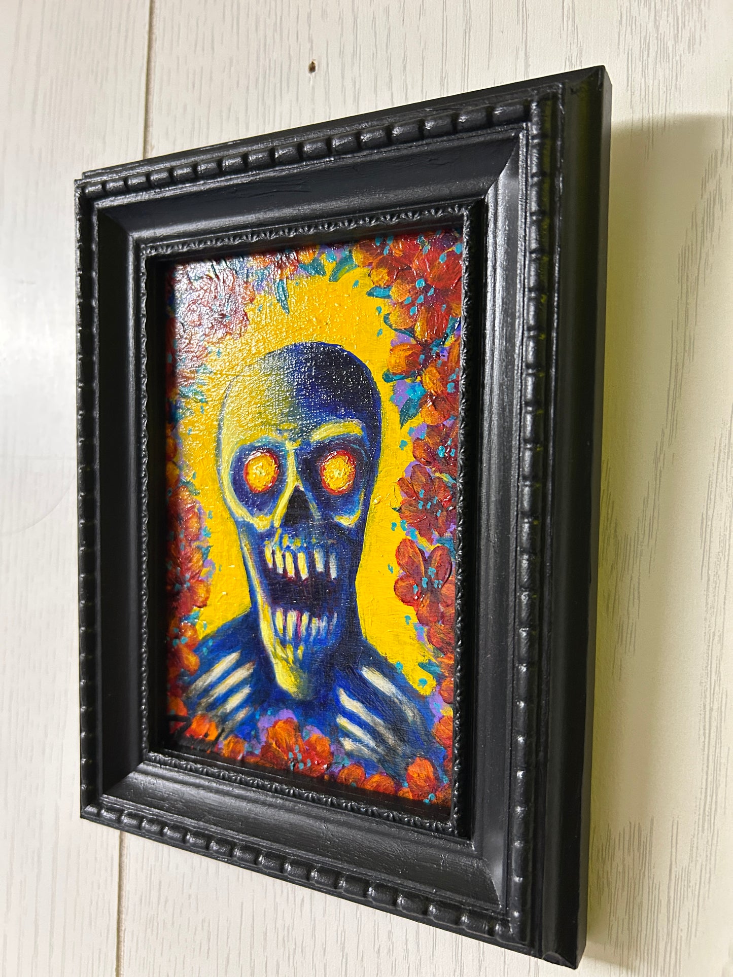Peinture originale par David Therrien "Le squelette aux fleurs"