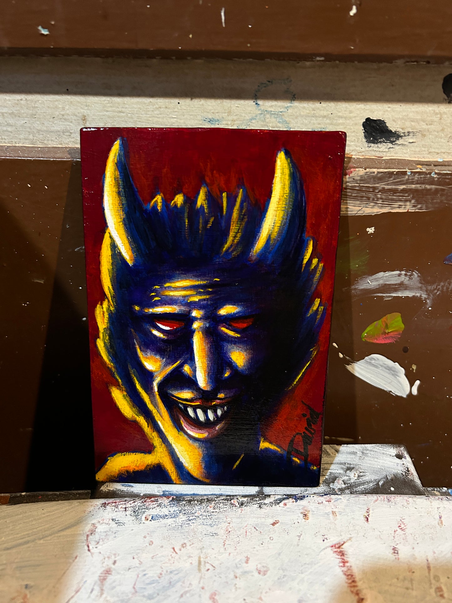 Petite peinture originale "Petit démon souriant" par David Therrien