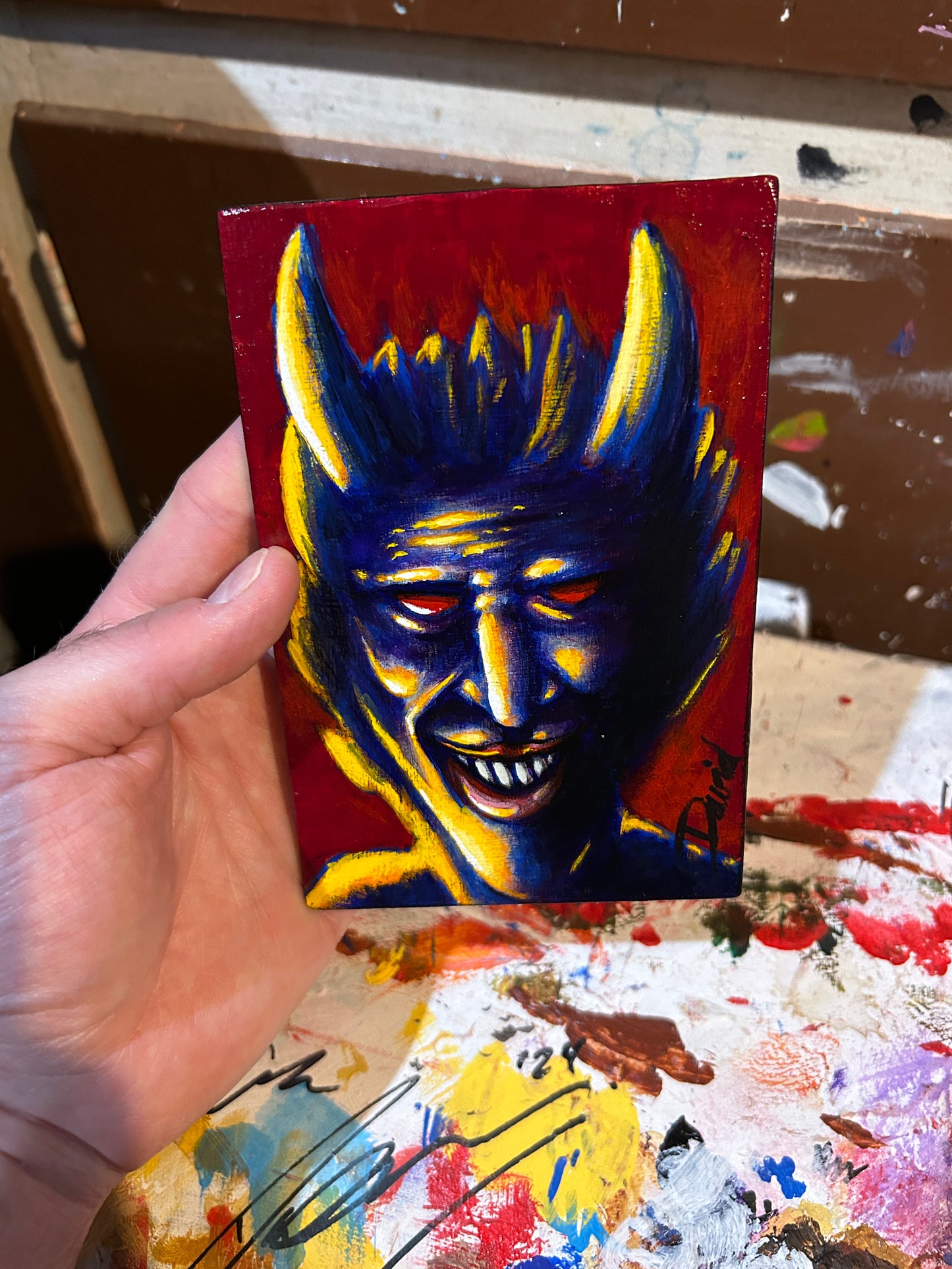 Petite peinture originale "Petit démon souriant" par David Therrien