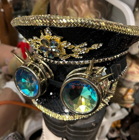 Képi à paillettes avec lunettes kaléidoscope steampunk