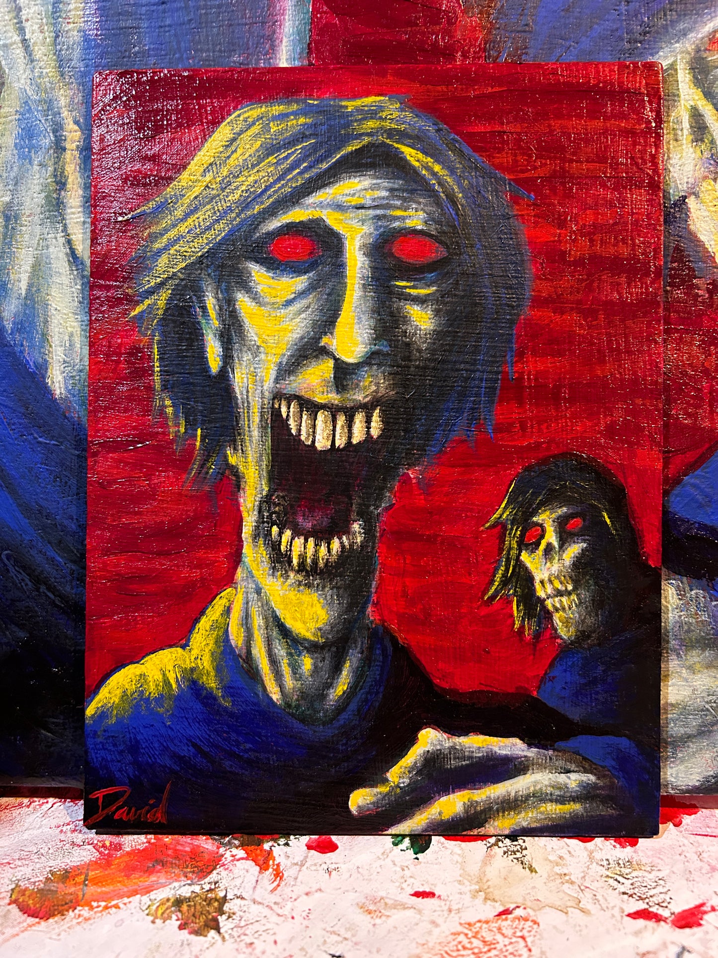 Peinture originale "Zombie fantôme sur fond rouge" par David Therrien.