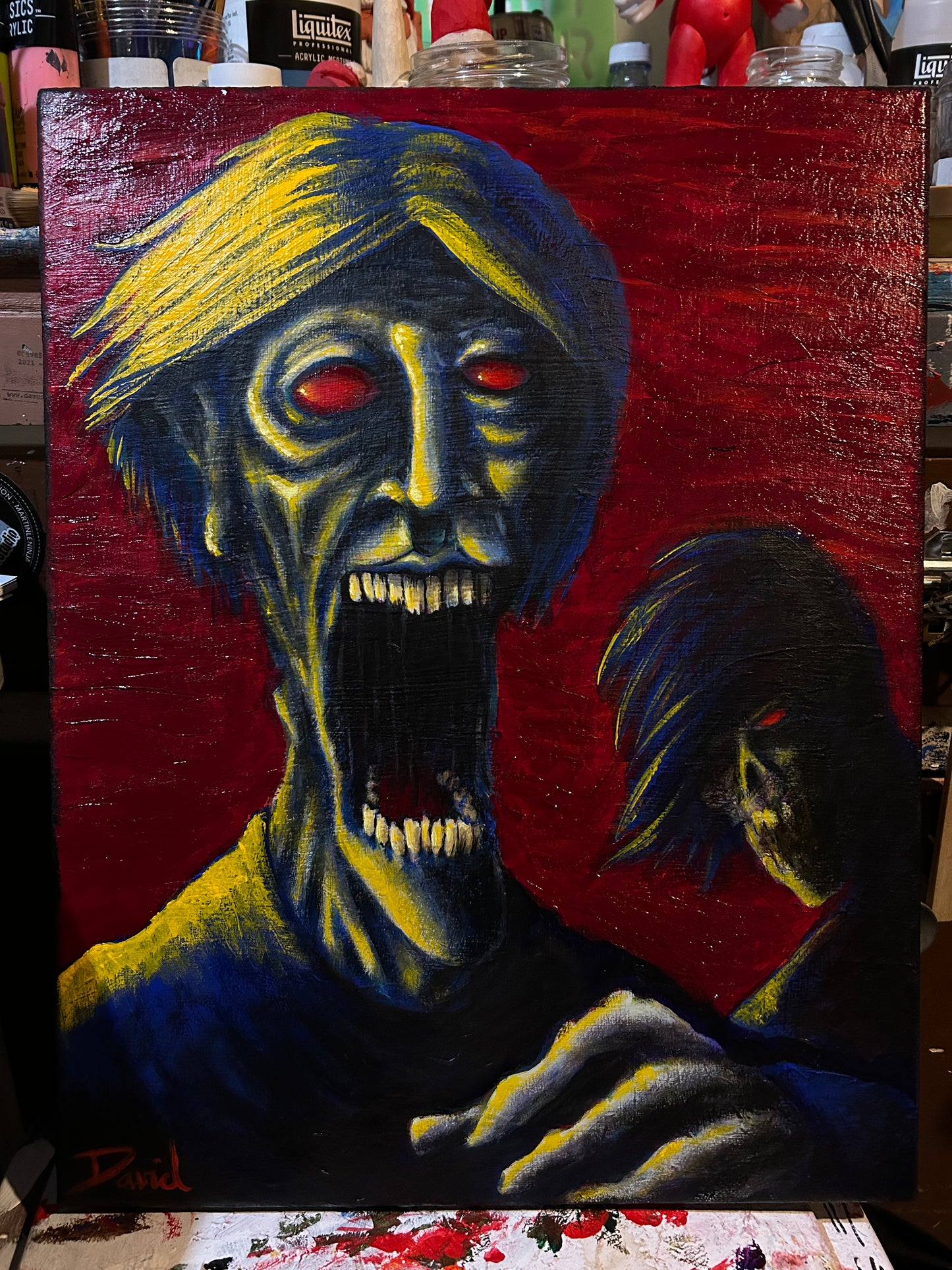Peinture originale "Zombie fantôme sur fond rouge II" par David Therrien.
