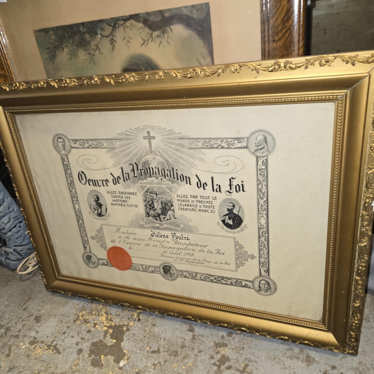 Certificat de l'Oeuvre de propagation de la foi encadrée