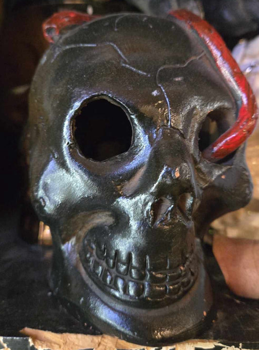 Crâne en métal avec serpent qui sort d'un oeil