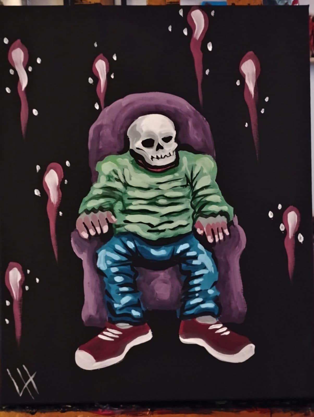 Peinture acrylique originale "Squelette sur fauteuil", par Louis Hardy.