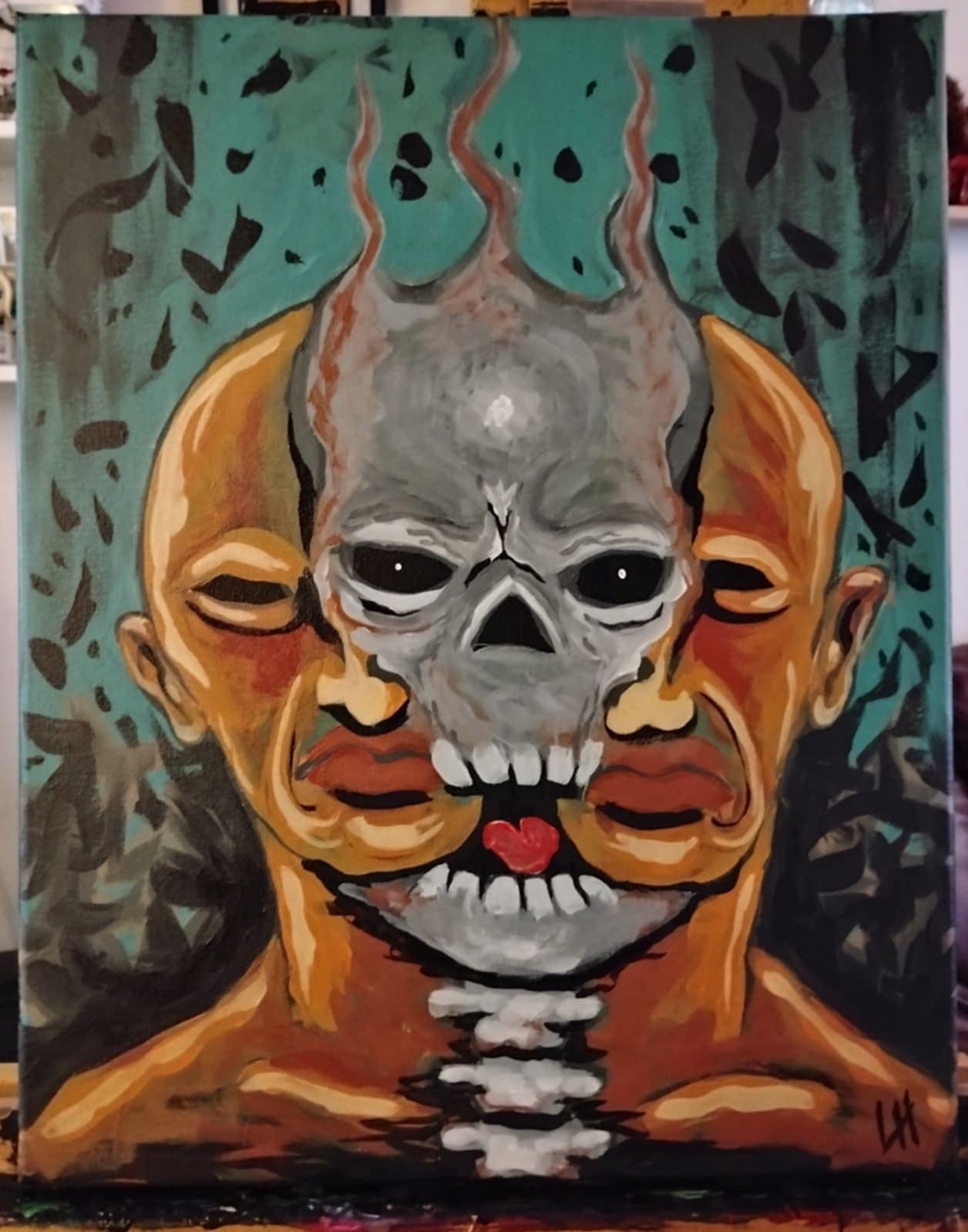 Peinture acrylique originale "Visage squelette" par l'artiste Louis Hardy.