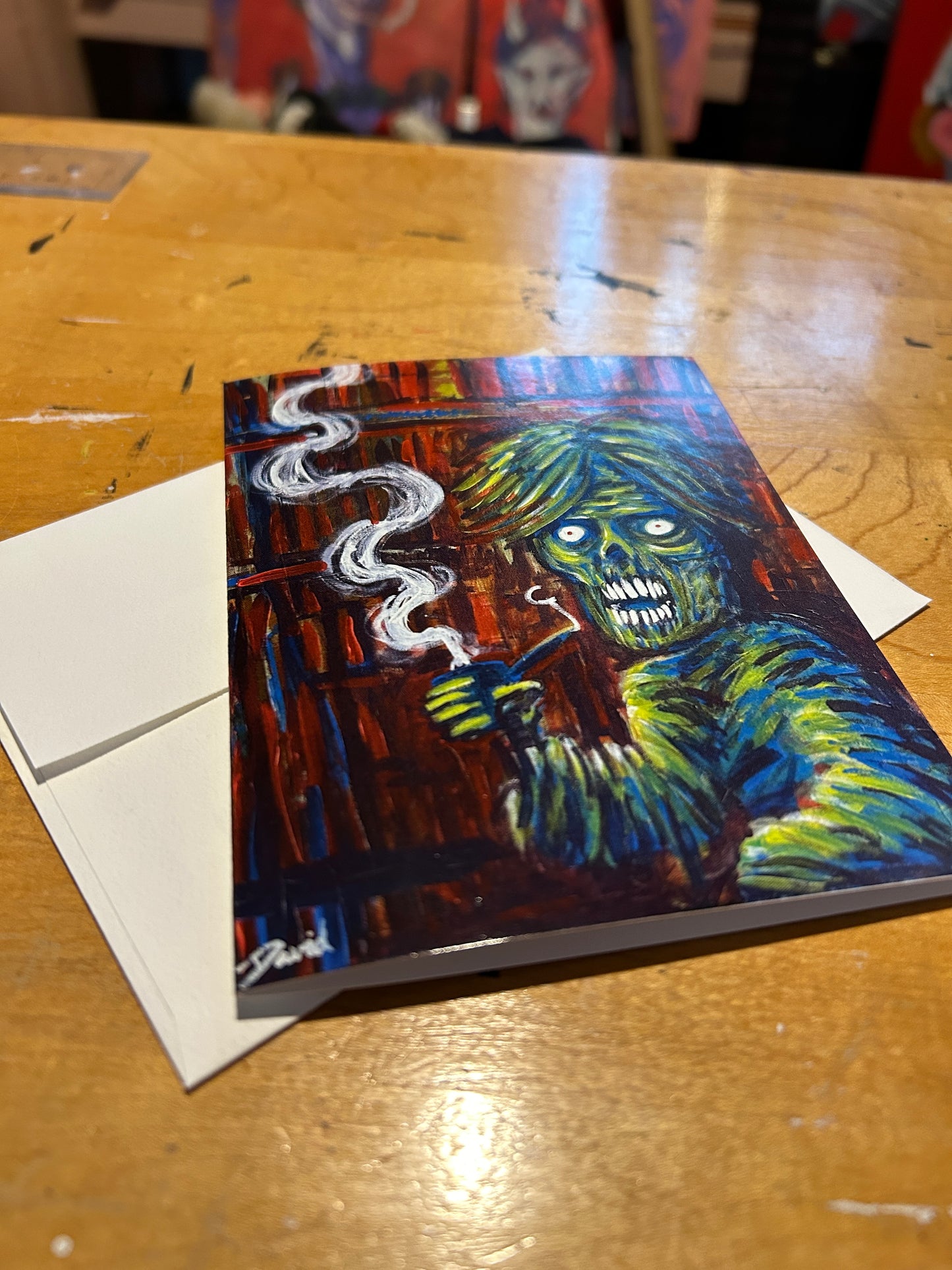 Petite carte de vœux "Zombie de bibliothèque" par David Therrien