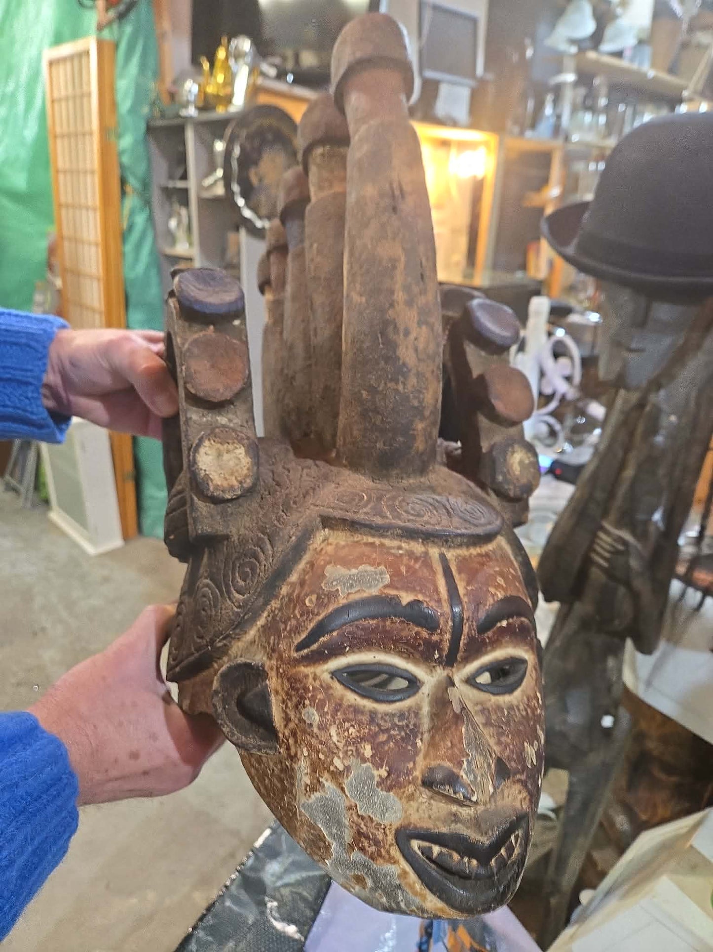 Masque-casque vintage Gelede africain sculpté en bois