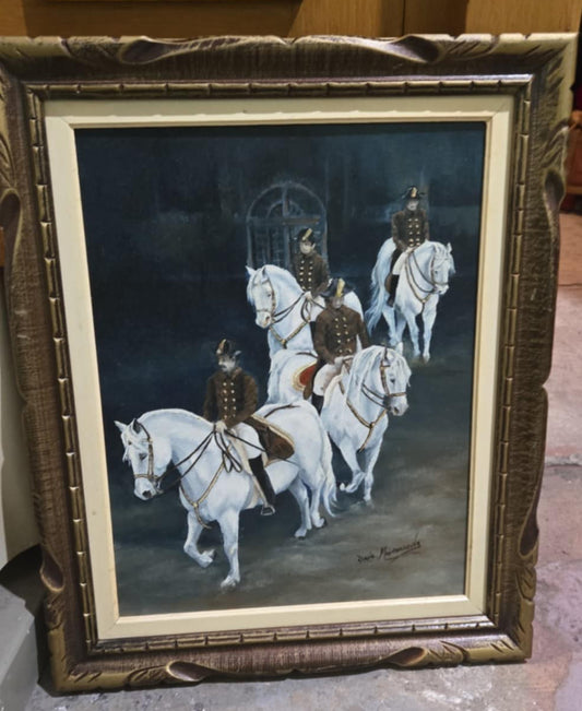 Peinture vintage chevaux et cavaliers signée par Diane Maisonneuve.