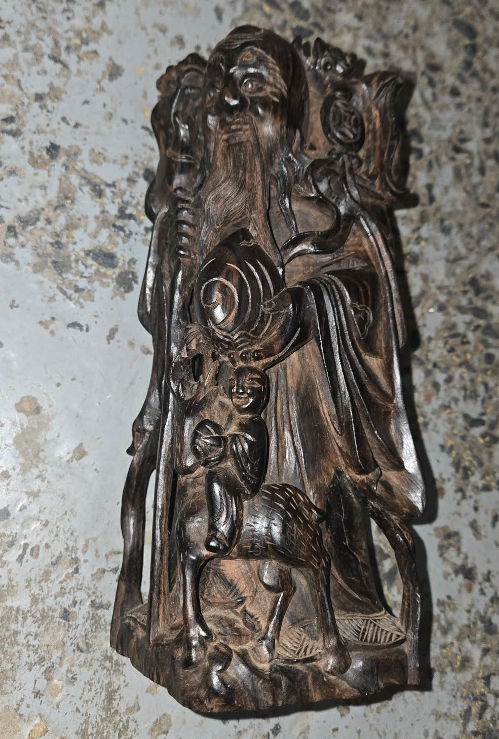 Statue vintage en bois représentant Shòu Lǎo