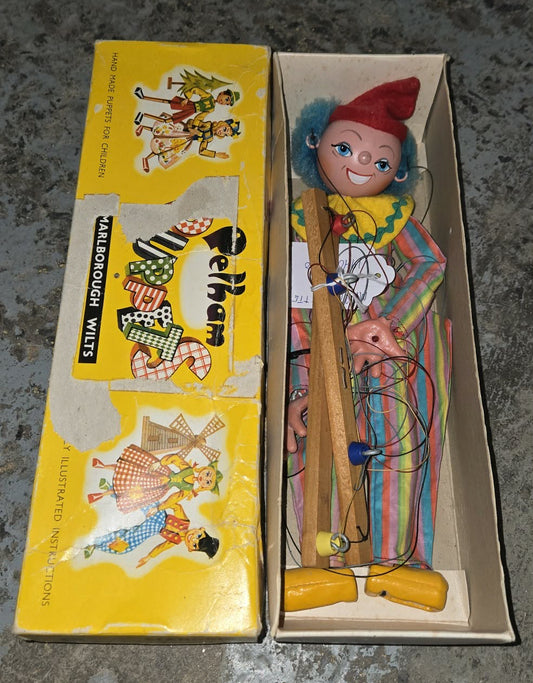 Marionnette vintage Pelham Puppets Clown avec boite d'origine.