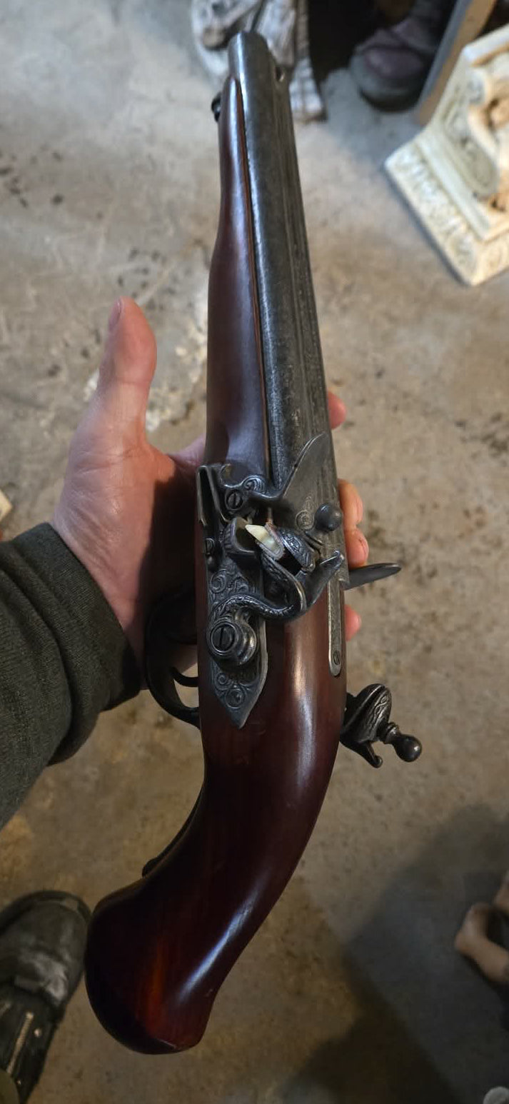 Reproduction, pistolet à silex, double cannon 19e siècle.