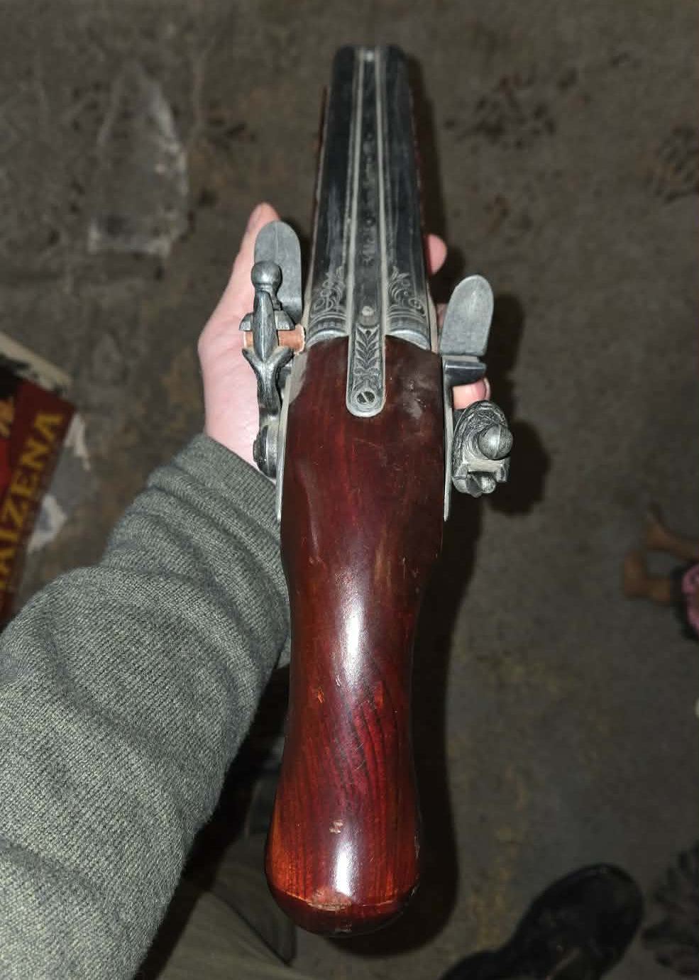 Reproduction, pistolet à silex, double cannon 19e siècle.