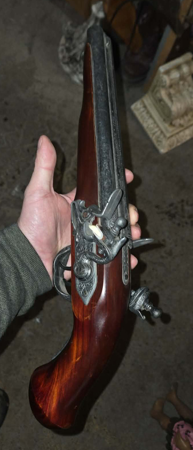 Reproduction, pistolet à silex, double cannon 19e siècle.