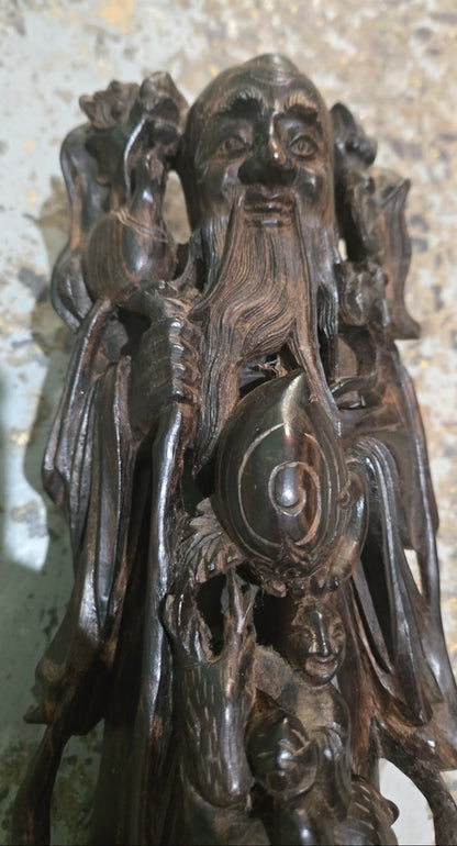 Statue vintage en bois représentant Shòu Lǎo